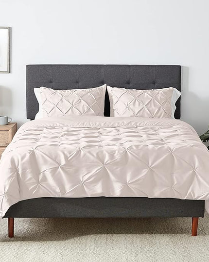 Amazon Basics All-Season Down-Alternative 3 Piece Comforter Bedding Set, Full/Queen, Cream, Pinch Pleat With Piped Edges - LeafyLoom