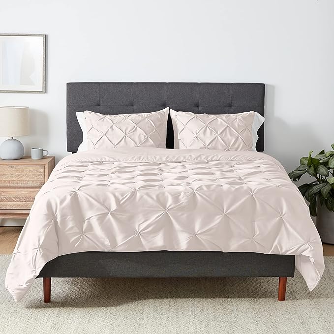Amazon Basics All-Season Down-Alternative 3 Piece Comforter Bedding Set, Full/Queen, Cream, Pinch Pleat With Piped Edges - LeafyLoom