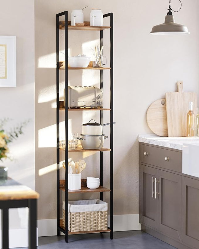 6-Tier Bookshelf, Narrow Bookcase with Open Shelves, Talll Book Shelf Coner Shelf for Living Room, Bedroom, Home Office, Study, Bathroom,11.5 x 15.7 x 72.6 Inches, Rustic Brown and Black - LeafyLoom