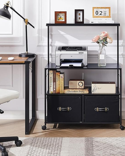 VECELO Mobile Lateral File Cabinet Rolling Printer Stand with 3 Open Storage Shelf, Ideal for Letter Size Folders, with Lockable Casters, Strong Steel Frame, Perfect for Office, Black, 2 Drawer - LeafyLoom