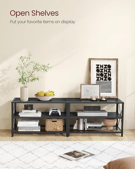 VASAGLE TV Stand, TV Console for TVs Up to 70 Inches, TV Table, 63 Inches Width, TV Cabinet with Storage Shelves, Steel Frame, for Living Room, Bedroom, Black with Wood Grain ULTV095B22 - LeafyLoom