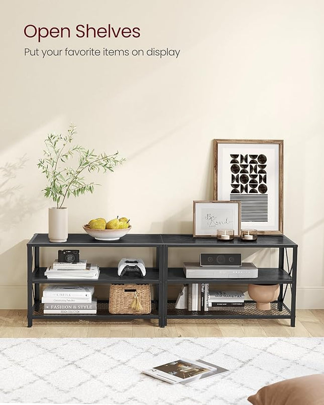VASAGLE TV Stand, TV Console for TVs Up to 70 Inches, TV Table, 63 Inches Width, TV Cabinet with Storage Shelves, Steel Frame, for Living Room, Bedroom, Black with Wood Grain ULTV095B22 - LeafyLoom