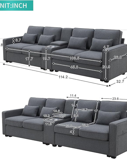 114" Modern Sofa, 4-seat Couch with Console, 2 Cupholders and 2 USB Ports Wired or Wirelessly Charged and 4 Pillows for Living Room, Apartment, 114.2inch, Dark Gray - LeafyLoom