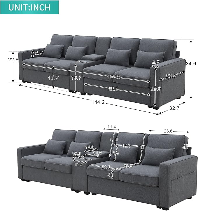 114" Modern Sofa, 4-seat Couch with Console, 2 Cupholders and 2 USB Ports Wired or Wirelessly Charged and 4 Pillows for Living Room, Apartment, 114.2inch, Dark Gray - LeafyLoom