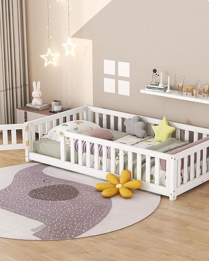 Multifunctional Twin Size Floor Bed with Safety Guardrails and Door, Removable Wood Slats, Montessori Beds Frame for Toddlers, for Boys and Girls, White - LeafyLoom