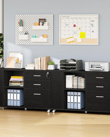 YITAHOME Mobile Wood File Cabinet, 3 Drawer Lateral Filing Cabinet, Black - LeafyLoom