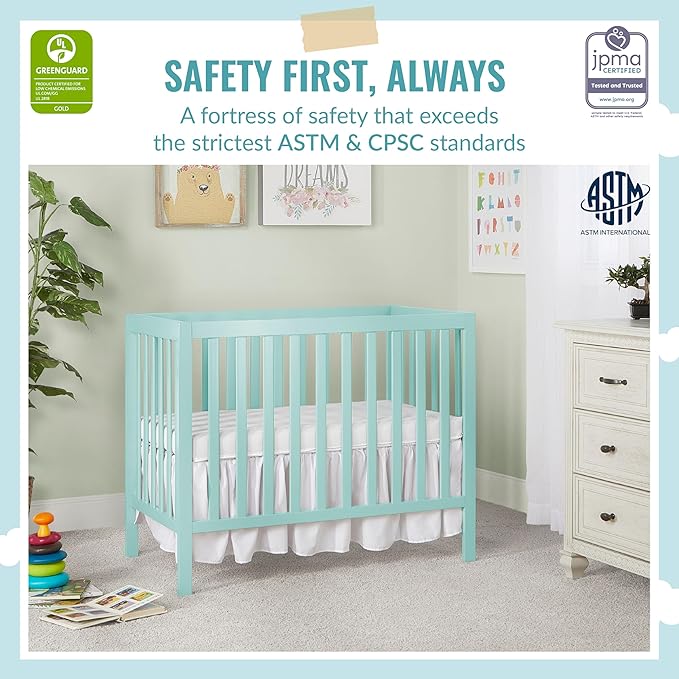 Edgewood 4-In-1 Convertible Mini Crib In Mint, JPMA Certified, Non-Toxic Finish, New Zealand Pinewood, With 3 Mattress Height Settings, Included 1" Mattress Pad - LeafyLoom