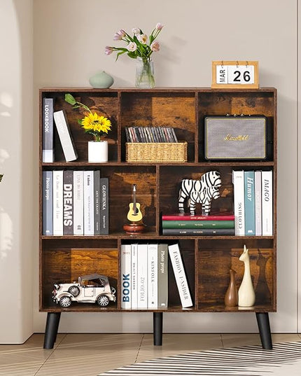 LEYAOYAO 8 Cube Bookshelf,3 Tier Bookcase with Legs,Rustic Brown Mid-Century Modern Bookshelves,Large Open Storage Organizer Shelf, Wooden Book Case - LeafyLoom