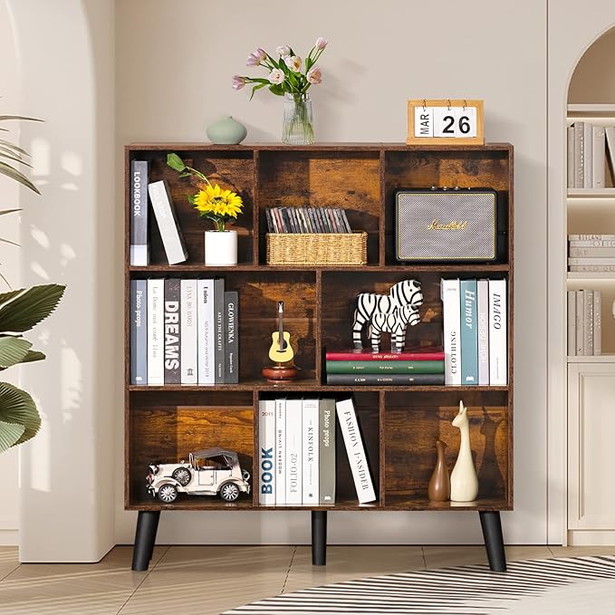 LEYAOYAO 8 Cube Bookshelf,3 Tier Bookcase with Legs,Rustic Brown Mid-Century Modern Bookshelves,Large Open Storage Organizer Shelf, Wooden Book Case - LeafyLoom