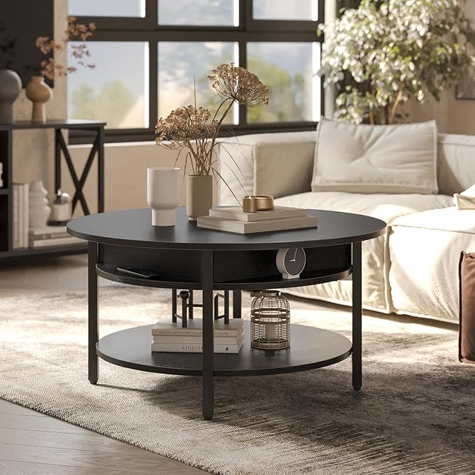 FABATO Round Lift Top Coffee Table with Storage and Hidden Compartment, 26.77'' Farmhouse Coffee Table for Living Room Reception Room, 2 Tier Small Round Coffee Table Circle Dining Table, Black - LeafyLoom