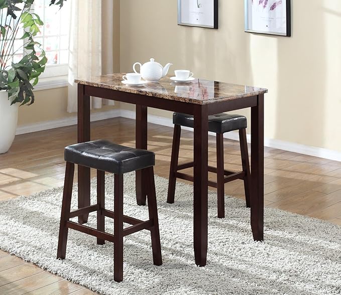 NicBex Small Dining Table for 2 Corner Dining Table Set 3-Piece Counter Height Glossy Print Marble Breakfast Table with Stools for Small Space, Apartment, Living Room, Espresso - LeafyLoom