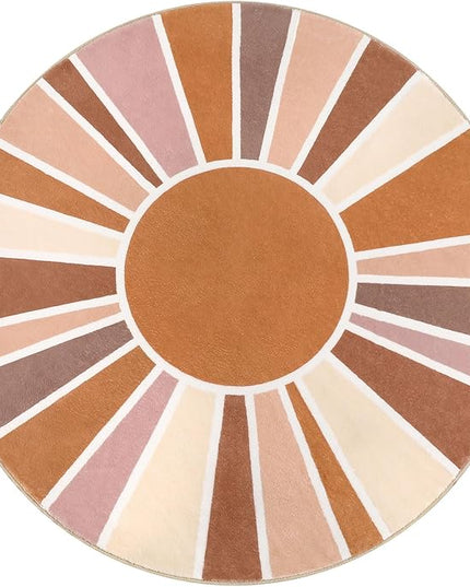 Topotdor Sun Rainbow Round Rug 4ft Boho Kids Nursery Rug, Colorful Washable Area Rug Ultra Soft Circle Classroom Rug Non-Slip for Bedroom Living Room Playroom Decor, Orange - LeafyLoom