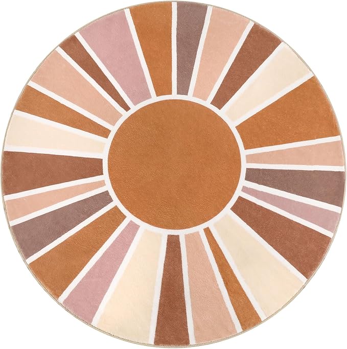 Topotdor Sun Rainbow Round Rug 4ft Boho Kids Nursery Rug, Colorful Washable Area Rug Ultra Soft Circle Classroom Rug Non-Slip for Bedroom Living Room Playroom Decor, Orange - LeafyLoom