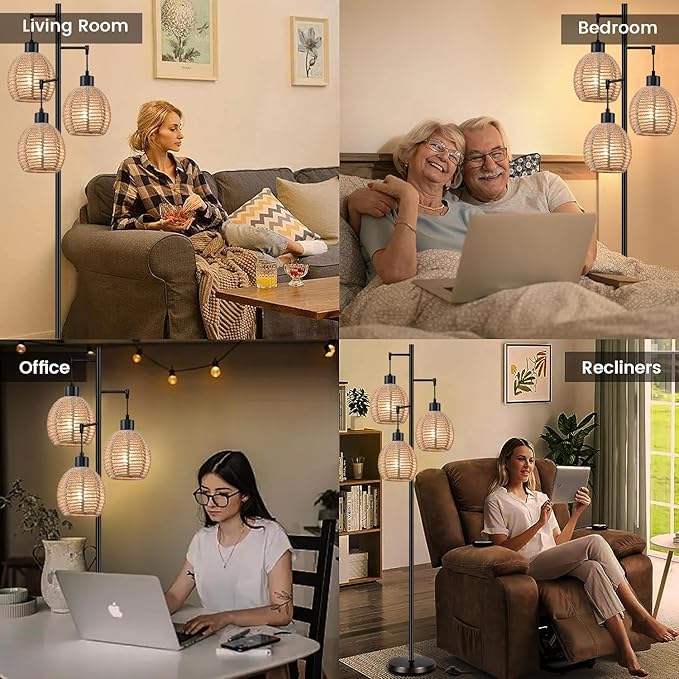 Rattan Floor Lamp for Living Room,Bedroom,Tree 3 Lights Boho Floor Lights Industrial Black Farmhouse Wicker Standing Lamp Rustic Tall Lamp,Woven Bamboo Lamp Shade Floor Lamps Bohemian - LeafyLoom
