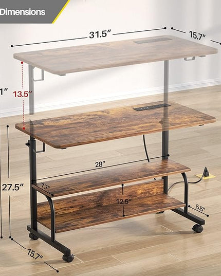 Height Adjustable Standing Desk with Power Outlets, 32" Manual Stand Up Desk with Storage Shelves Small Mobile Rolling Computer Desk Portable Laptop Table with Wheels for Home Office, Rustic - LeafyLoom