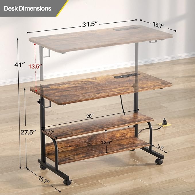 Height Adjustable Standing Desk with Power Outlets, 32" Manual Stand Up Desk with Storage Shelves Small Mobile Rolling Computer Desk Portable Laptop Table with Wheels for Home Office, Rustic - LeafyLoom
