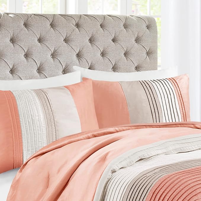 Madison Park Amherst Faux Silk Comforter Set - Casual Contemporary Design, All Season Down Alternative Bedding, Matching Shams, Bedskirt, Decorative Pillows, Cal King(104"x92"), Coral 7 Piece - LeafyLoom