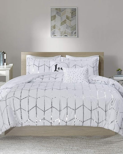 Intelligent Design Raina King / Cal King Comforter Set, Soft Microfiber Comforter Set King, Modern Geometric Metallic Bed Set, 5 Pieces College Bedding Comforter Set with 2 Shams, 2 Toss Pillows White - LeafyLoom