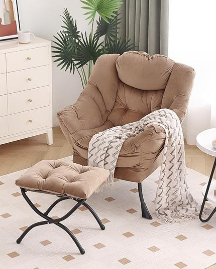 Lazy Chair with Ottoman, Modern Chair with Folding Footrest, Lounge Accent Chair, Comfortable Reading Chair, Oversized Armchairs for Bedroom, Study, Living Room, Courtyard (Khaki) - LeafyLoom