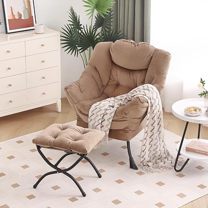 Lazy Chair with Ottoman, Modern Chair with Folding Footrest, Lounge Accent Chair, Comfortable Reading Chair, Oversized Armchairs for Bedroom, Study, Living Room, Courtyard (Khaki) - LeafyLoom