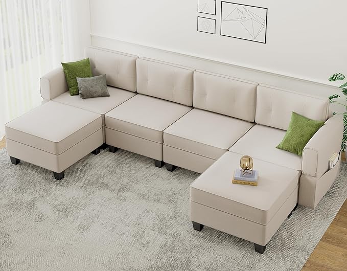 Modular Sectional Sofa, Convertible Sectional Couches for Living Room U Shaped Sectional Sofa Couch with Storage Ottoman, High Supportive 6 Seats Reversible Sectionals 113'' with Chaise, Beige - LeafyLoom