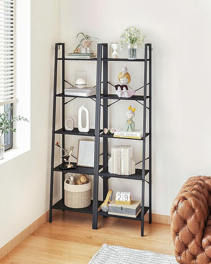 Ladder Shelf, Bookshelf Bookcase, Freestanding Corner Storage Shelve with 2 Hooks for Home Office, Living Room, Kitchen, Bedroom, Industrial, 5-Tier Black BC19204B - LeafyLoom