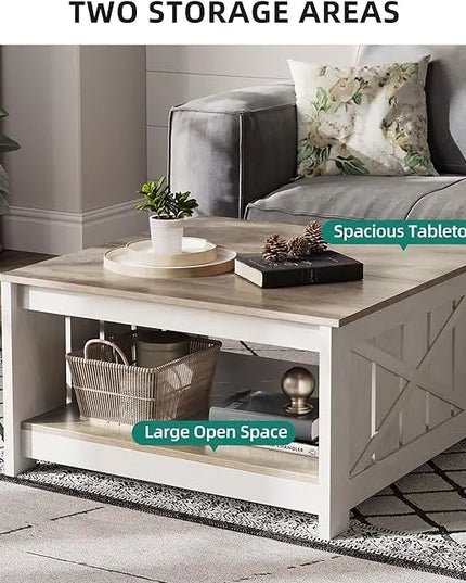 YITAHOME Coffee Table Farmhouse Coffee Table with Storage Rustic Wood Cocktail Table,Square Coffee Table for Living Meeting Room with Half Open Storage Compartment,Grey Wash - LeafyLoom