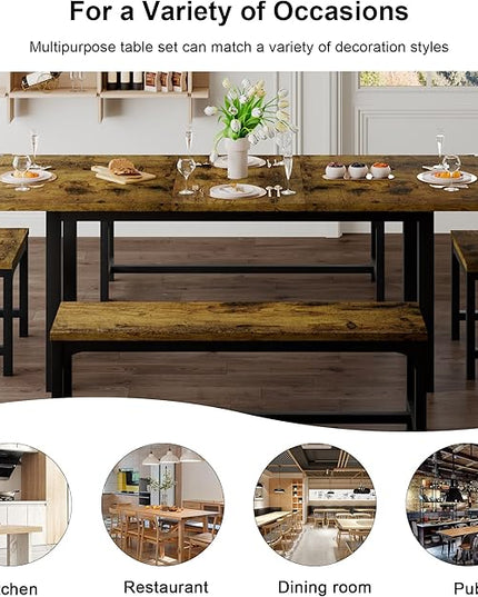 Feonase 5-Piece Dining Table for 4-8 People, 63" Extendable Kitchen Table Set with 2 Benches & 2 Square Stools, Dining Room Table with MDF Wood Board, Easy Clean, Rustic Brown - LeafyLoom