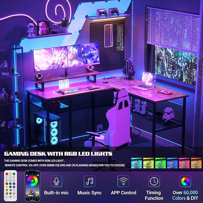 Unikito L Shaped Desk with USB Charging Port and Power Outlet, Reversible L-Shaped Corner Computer Desk with Storage Shelves, Industrial 2 Person Gaming Table Modern Home Office Desk, Rustic Brown - LeafyLoom