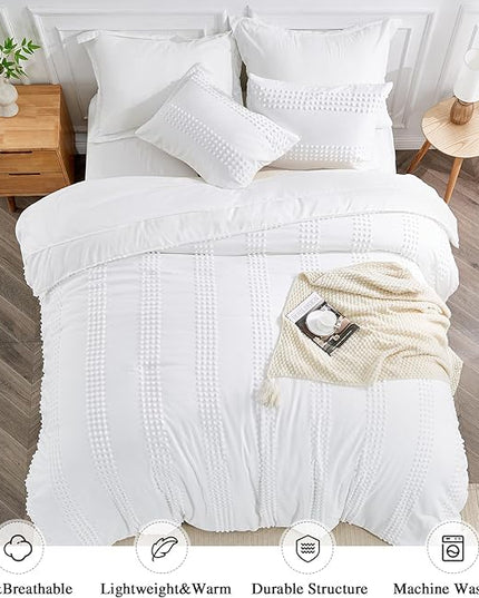 ENJOHOS Queen Comforter Set 7 Piece - White Comforters Queen Size, Queen Bed in a Bag Set, Boho Tufted Bedding Comforter Set with Pom Pom Design, Lightweight Soft Microfiber Comforter Bed Set - LeafyLoom