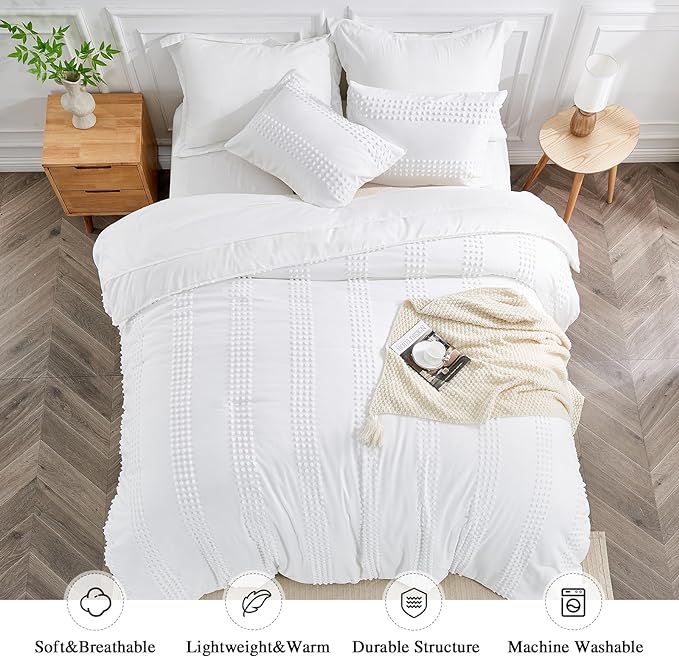 ENJOHOS Queen Comforter Set 7 Piece - White Comforters Queen Size, Queen Bed in a Bag Set, Boho Tufted Bedding Comforter Set with Pom Pom Design, Lightweight Soft Microfiber Comforter Bed Set - LeafyLoom