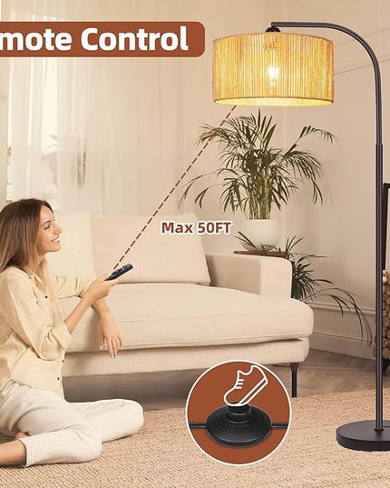 Boho Floor Lamp with Dimmable Bulb Nartual Rattan Adjustable Lampshade, Bronze Rustic Farmhouse Floor Lamps for Living Room, Bedroom, Office, Classroom - LeafyLoom