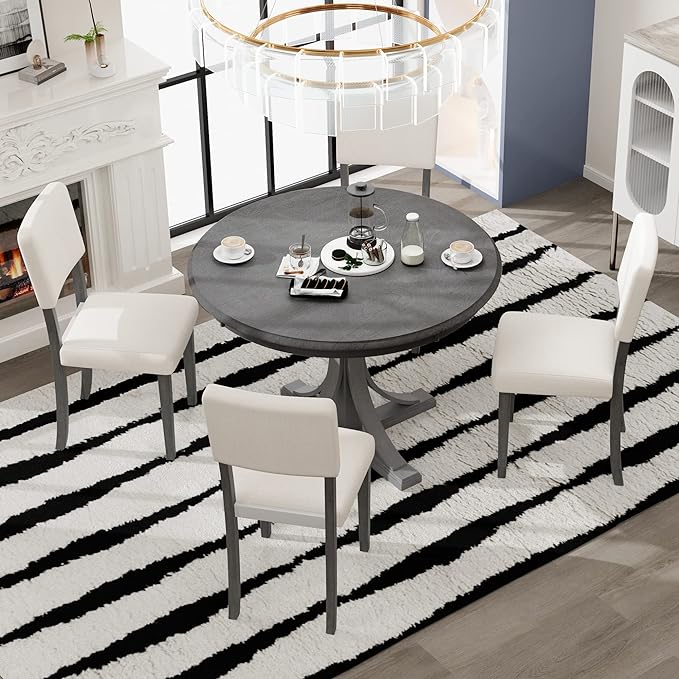 NicBex Kitchen Table Chairs Set of 4 Dining Table Set 5-Piece Retro Round Dining Table Set with Curved Trestle Style Table Legs and 4 Upholstered Chairs for Dining Room, Dark Gray - LeafyLoom
