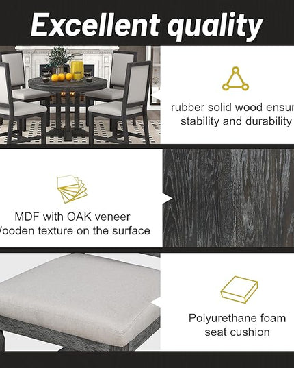 5-Piece Farmhouse Extendable Dining Table Set for 4, Including Round Wooden Tabletop, 4 Upholstered Chairs, Ideal for Kitchen, Living Room, Black, Onesize - LeafyLoom