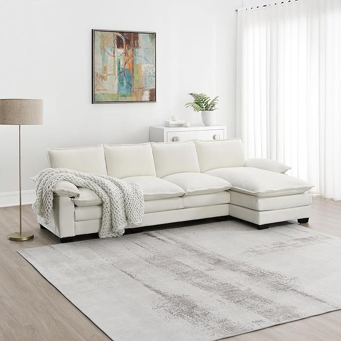 118" Sectional Sofa, L-Shaped Couch Set with Double Cushions and Chaise Lounge, 5-seat Upholstered Indoor Furniture for Living Room, Apartment, Office, 118inch, White - LeafyLoom