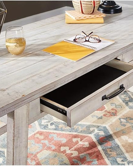 Signature Design by Ashley Carynhurst Farmhouse 60" Home Office Desk with Drawers, Distressed White - LeafyLoom