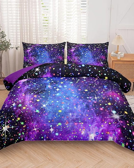 Kids Comforter Sets for Teen Girls, Purple Blue Galaxy Glitter Bedding Set for All Season, Purple Twin Bedding Sets for Kids Boys (Twin, 2 Pieces) - LeafyLoom