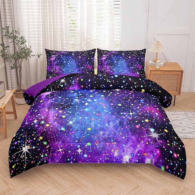 Kids Comforter Sets for Teen Girls, Purple Blue Galaxy Glitter Bedding Set for All Season, Purple Twin Bedding Sets for Kids Boys (Twin, 2 Pieces) - LeafyLoom