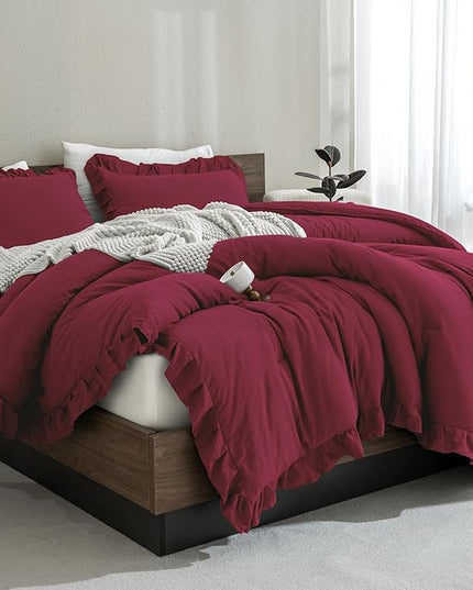 Andency Burgundy Comforter Set Queen Size, 3 Pieces Shabby Chic Ruffle Bedding Comforter Sets for Queen Bed, Lightweight Fluffy Soft Microfiber Farmhouse Comforter Set - LeafyLoom