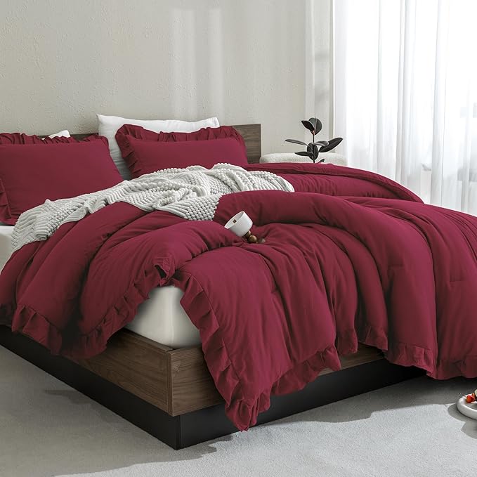 Andency Burgundy Comforter Set Full Size, 3 Pieces Solid Ruffle Shabby Chic Bedding Comforter Sets, All Season Lightweight Fluffy Soft Microfiber Bedding Set (79x90 Comforter & 2 Pillowcases) - LeafyLoom
