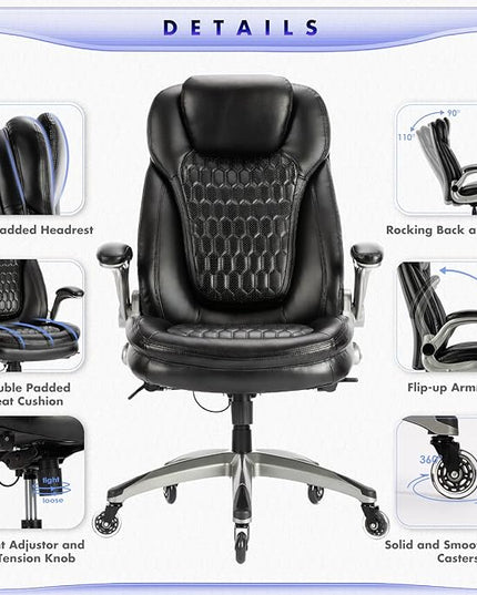 COLAMY Office Chair-Ergonomic Computer Desk Chair with Thick Seat for Comfort, High Back Executive Chair with Padded Flip-up Arms, Stylish Leather Chair with Upgraded Caster for Swivel (Black, 300lbs) - LeafyLoom