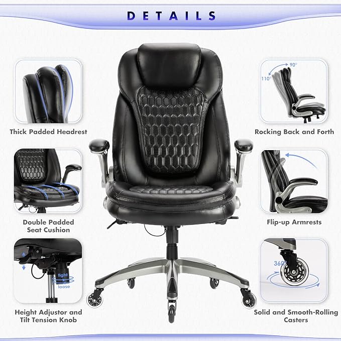 COLAMY Office Chair-Ergonomic Computer Desk Chair with Thick Seat for Comfort, High Back Executive Chair with Padded Flip-up Arms, Stylish Leather Chair with Upgraded Caster for Swivel (Black, 300lbs) - LeafyLoom