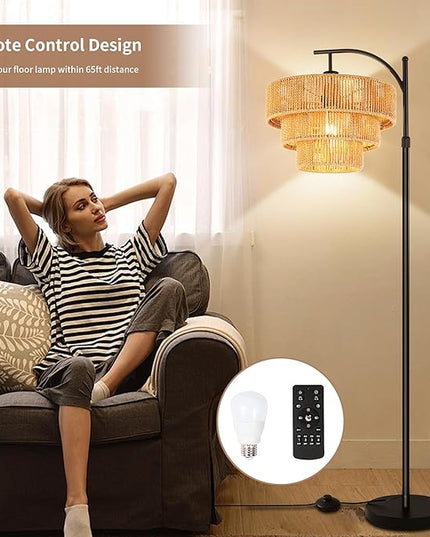 Boho Floor Lamp for Living Room with Remote,Arc Floor Lamps Rattan Standing Lamp Dimmable Farmhouse Tall Lamp with 3-Tier Wicker Lamp Shade Adjustable Black Floor Light for Bedroom Bohemian - LeafyLoom
