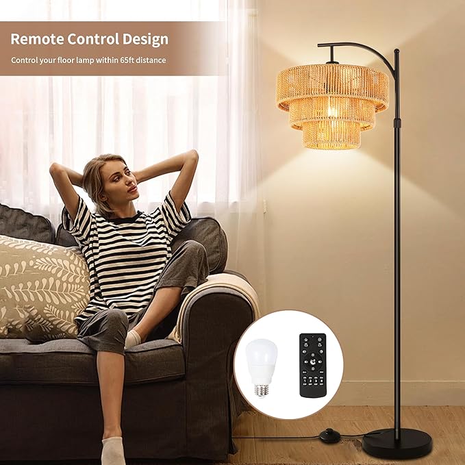Boho Floor Lamp for Living Room with Remote,Arc Floor Lamps Rattan Standing Lamp Dimmable Farmhouse Tall Lamp with 3-Tier Wicker Lamp Shade Adjustable Black Floor Light for Bedroom Bohemian - LeafyLoom