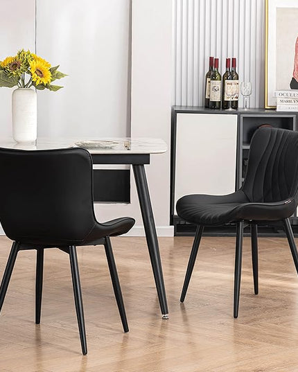 YOUTASTE Black Dining Chairs Set of 2 Upholstered Mid Century Modern Kitchen Dining Room Chairs Armless Faux Leather Accent Chairs Metal Vanity Lounge Chair with Back for Living Room Bedrooms - LeafyLoom