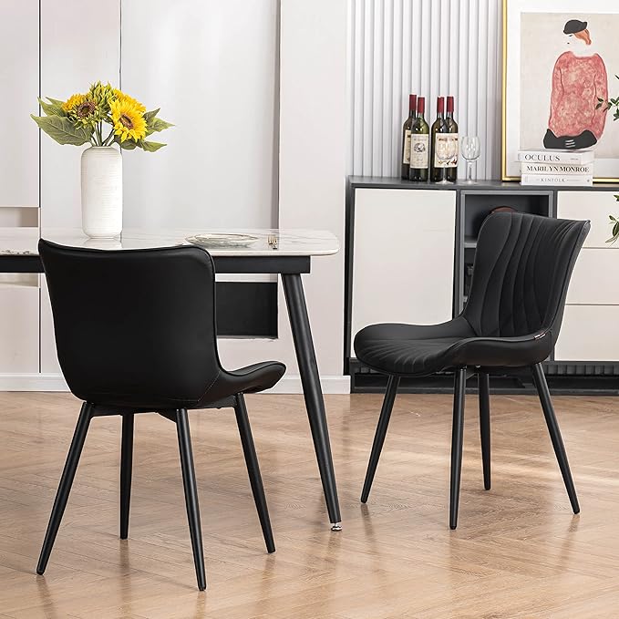 YOUTASTE Black Dining Chairs Set of 2 Upholstered Mid Century Modern Kitchen Dining Room Chairs Armless Faux Leather Accent Chairs Metal Vanity Lounge Chair with Back for Living Room Bedrooms - LeafyLoom