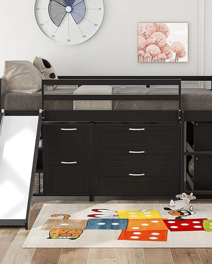 Twin Size Loft Bed with Slide and Storage Cabinets, Low Loft Bed Frame with Shelves for Kids and Teens, Wooden Loft Beds for Bedroom Guestroom, No Box Spring Needed, Espresso - LeafyLoom