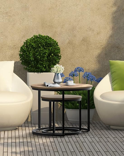 Nesting Coffee Table Set of 2, 23.6" Round Coffee Table Wood Grain Top with Adjustable Non-Slip Feet, Industrial End Table Side Tables for Living Room Bedroom Balcony Yard - LeafyLoom