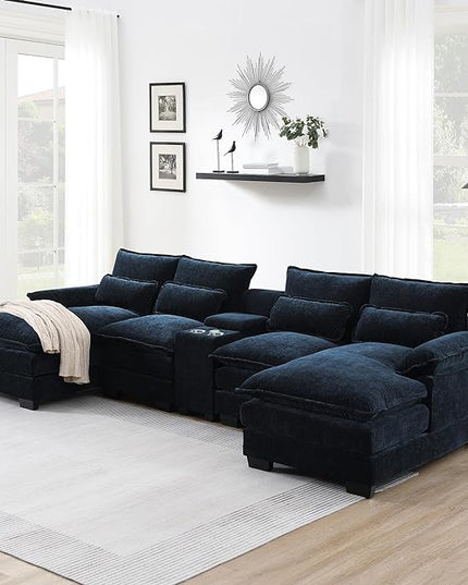 U Shaped Symmetrical Modular Sectional Sofa Cloud Couch with Double Chaise Lounge and Center Console,Cupholders and USB Ports, Deep Seat Upholstered Sleeper Corner Sofa&Couches for Living Room - LeafyLoom