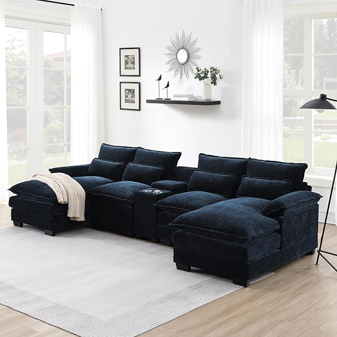 U Shaped Symmetrical Modular Sectional Sofa Cloud Couch with Double Chaise Lounge and Center Console,Cupholders and USB Ports, Deep Seat Upholstered Sleeper Corner Sofa&Couches for Living Room - LeafyLoom